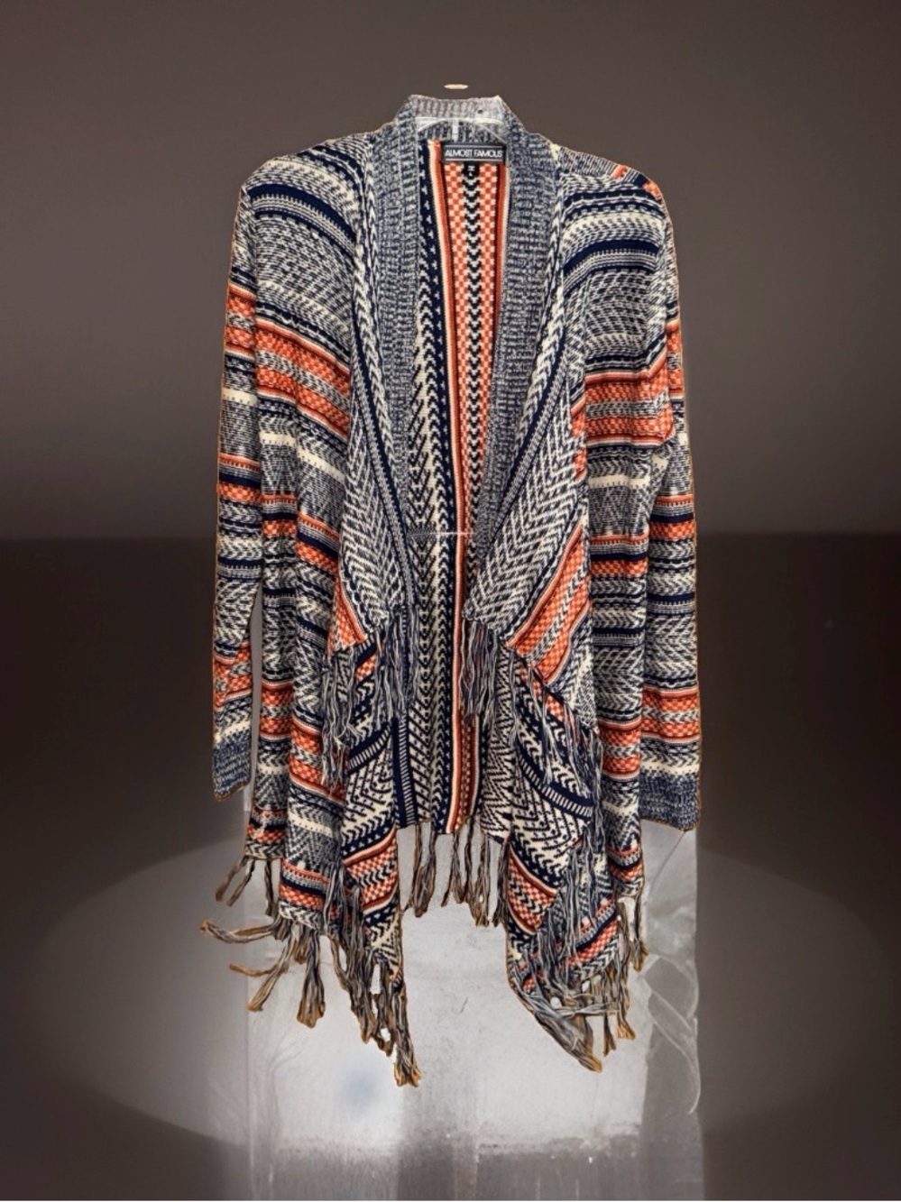 Almost Famous Navy, Orange & Cream Striped Fringe Open-Front Cardigan-L-EC